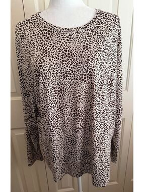 Lands’ End 1X 16W 18W Leopard Print Cotton Long Sleeve Top Brown Cream